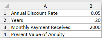 Pv Function Dataset Example 2 showing annual discount rate 0.05, 20 years, and 2000 monthly payment for annuity calculation