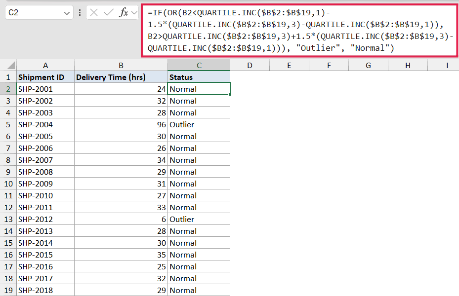 Excel formula bar showing QUARTILE.INC function used to identify outliers in a delivery time dataset