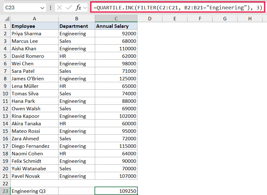 Excel formula bar showing QUARTILE.INC with FILTER function to calculate third quartile for Engineering salaries
