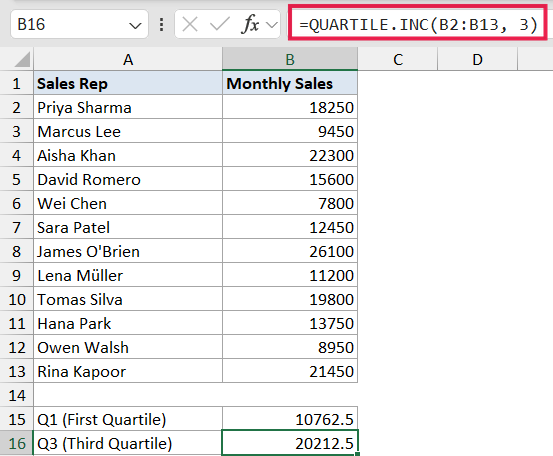 Excel formula bar showing QUARTILE.INC(B2:B13, 3) to calculate the third quartile for monthly sales data in column B