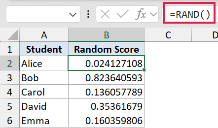 Excel formula bar showing =RAND() applied to a column of random scores for students Alice, Bob, Carol, David, and Emma