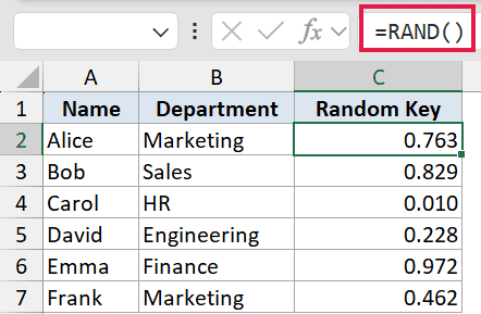 Excel formula bar showing =RAND() applied to a column of random numbers next to names and departments