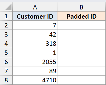 REPT Function Dataset 2 showing Customer ID column with unsorted numeric values and an empty Padded ID column