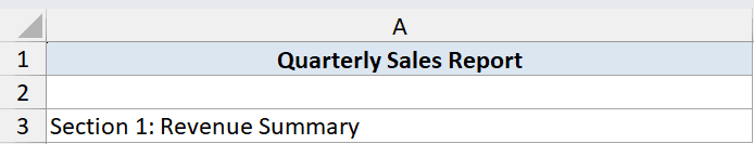 REPT Function Dataset 3 showing Quarterly Sales Report in cell A1 and Section 1: Revenue Summary in cell A3