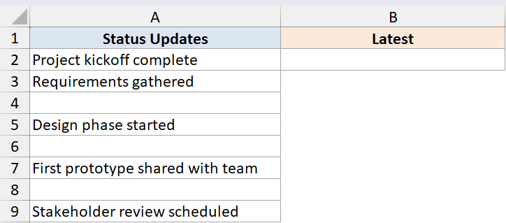 REPT Function Dataset 5 showing Excel column A with status updates and empty column B for sorting