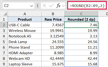 Excel formula bar showing =ROUND(B2:B9,2) applied to a list of raw prices in column B to round them to two decimals