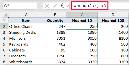 Excel formula bar showing =ROUND(B2,-1) to round the value in cell B2 to the nearest 10 in cell C2
