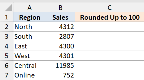Excel table with columns for Region, Sales, and an empty Rounded Up to 100 column for the ROUNDUP function dataset