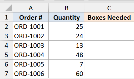 Excel dataset for ROUNDUP function with columns for Order #, Quantity, and empty Boxes Needed cells