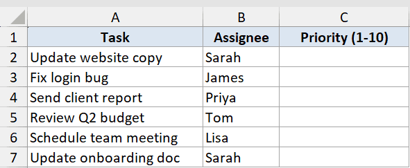 Rand Function Dataset Example 3 showing a task list with columns for Task, Assignee, and an empty Priority column