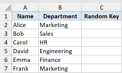 Rand Function Dataset Example 4 showing a table with Name, Department, and an empty Random Key column for six employees