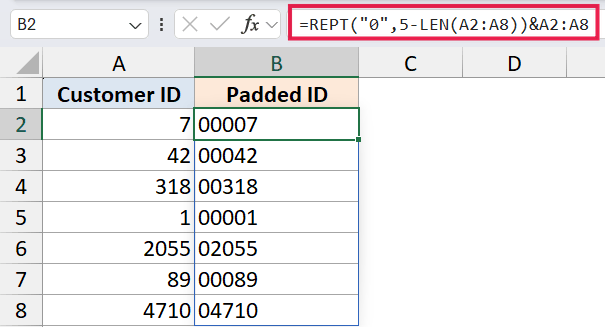 Excel formula bar showing REPT function to pad Customer IDs with leading zeros in column B