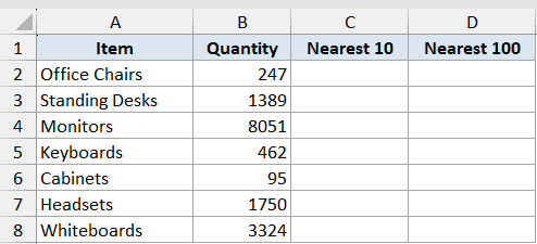 Round Function Dataset Example 4 showing an Excel table with Item and Quantity columns to be rounded to nearest 10 and 100
