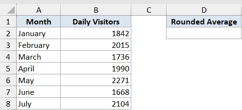 Round Function Dataset Example 5 showing an Excel table with months and daily visitor counts ready for rounding