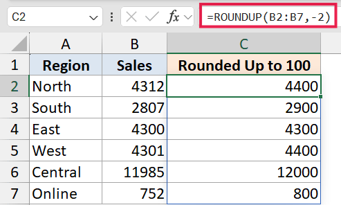 Excel formula bar showing =ROUNDUP(B2:B7,-2) to round sales figures in column C to the nearest hundred