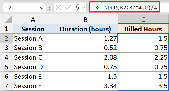 Excel formula bar showing ROUNDUP function to round billed hours to the nearest quarter hour in column C
