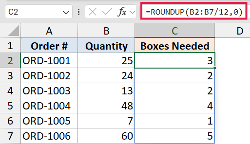 Excel formula bar showing =ROUNDUP(B2:B7/12,0) with results in column C calculating boxes needed from quantities