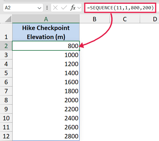 SEQUENCE formula example 3 showing a range of hike elevations starting at 800 increasing by 200 in Excel column A