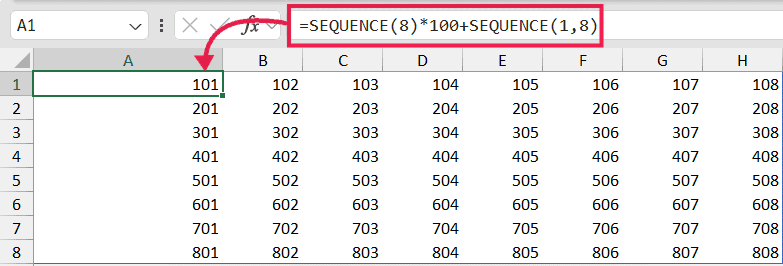 Excel formula =SEQUENCE(8)*100+SEQUENCE(1,8) generating a grid of numbers from 101 to 808 in cells A1 through H8