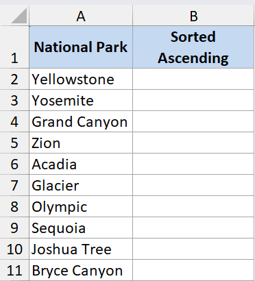 SORT Function Excel Dataset 1 showing a list of national parks in column A and an empty column B for sorted results