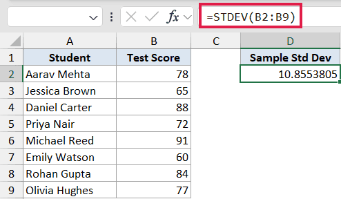 Excel formula bar showing =STDEV(B2:B9) applied to a list of student test scores to calculate sample standard deviation