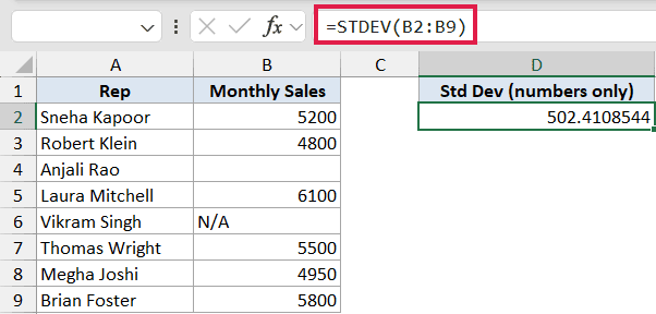 Excel formula bar showing =STDEV(B2:B9) applied to a sales data table, resulting in a standard deviation of 502.4108544