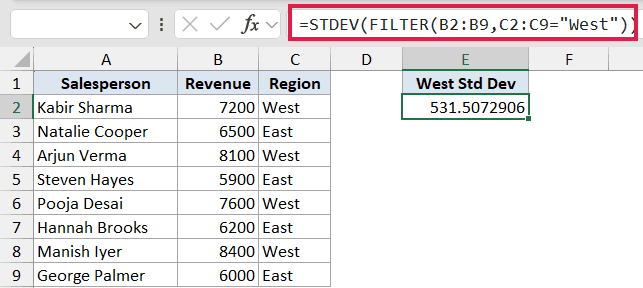 Excel formula bar showing STDEV with FILTER function to calculate standard deviation for West region revenue data