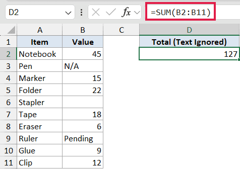 Excel formula bar showing =SUM(B2:B11) highlighting a total of 127 while ignoring text values in the B column range