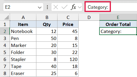 Excel spreadsheet showing SUM formula 5 with Category text highlighted in the formula bar and cell E2