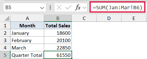 Excel formula bar showing 3D reference =SUM(Jan:Mar!B6) to calculate the total across multiple sheets