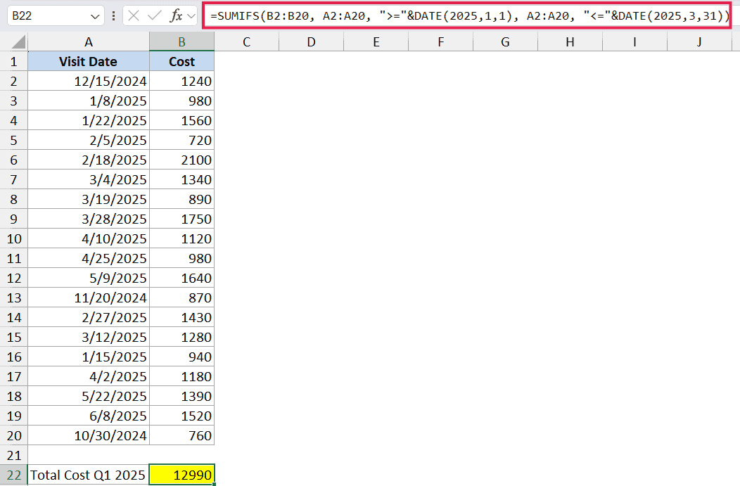 SUMIFS Example 4 formula using DATE function to sum costs between January 1 and March 31, 2025 in an Excel spreadsheet