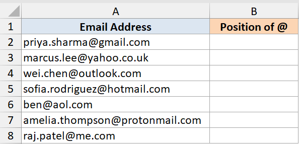 Search function example dataset 1: Excel table with email addresses in column A and empty Position of @ column B