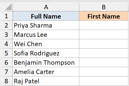 Excel dataset with Full Name in column A and empty First Name column B for search function example 2