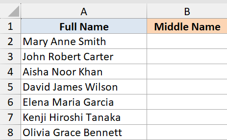 Excel dataset 4 showing Full Name column with list of names and empty Middle Name column for sorting examples