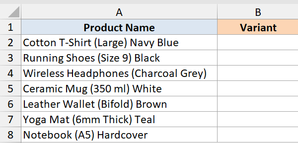 Excel dataset 5 showing a Product Name column with various items and an empty Variant column for sorting examples