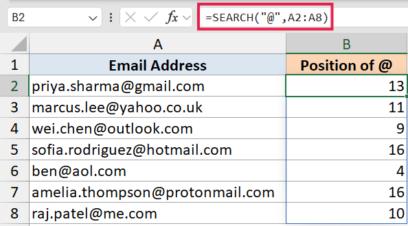 Excel formula bar showing =SEARCH("@",A2:A8) to find the position of the @ symbol in a list of email addresses