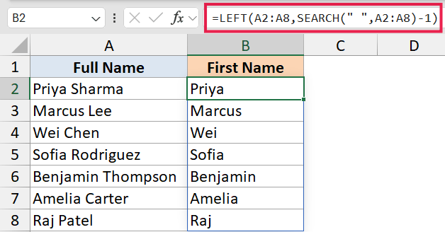 Excel formula bar showing =LEFT(A2:A8,SEARCH(" ",A2:A8)-1) to extract first names from full names in column A
