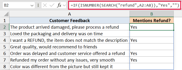 Excel formula bar showing IF, ISNUMBER, and SEARCH functions to identify the word refund in customer feedback cells