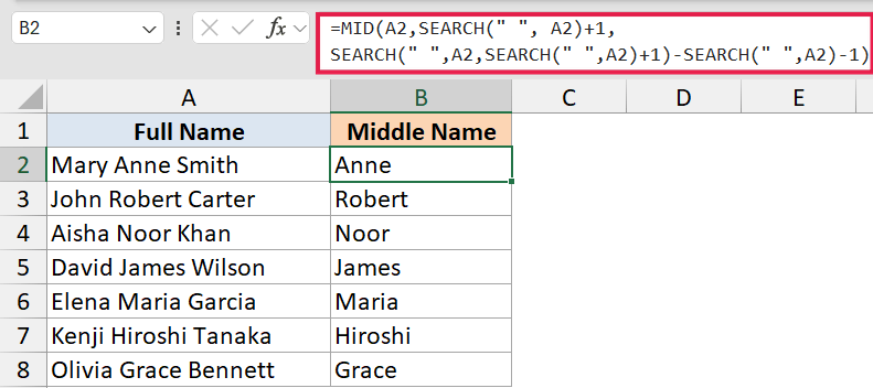 Excel formula using nested SEARCH and MID functions to extract middle names from a list of full names in column A