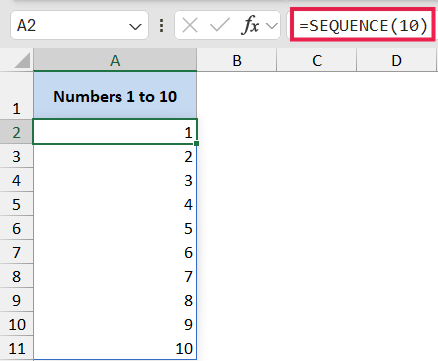 Excel formula bar showing =SEQUENCE(10) generating a vertical list of numbers 1 to 10 in column A