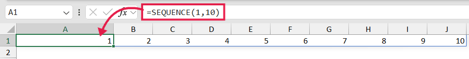 Sequence formula example 2 showing =SEQUENCE(1,10) in the formula bar generating numbers 1 through 10 across a row