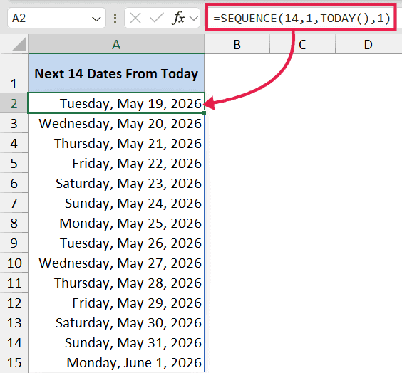 Excel formula =SEQUENCE(14,1,TODAY(),1) generating a list of 14 consecutive dates starting from May 19, 2026