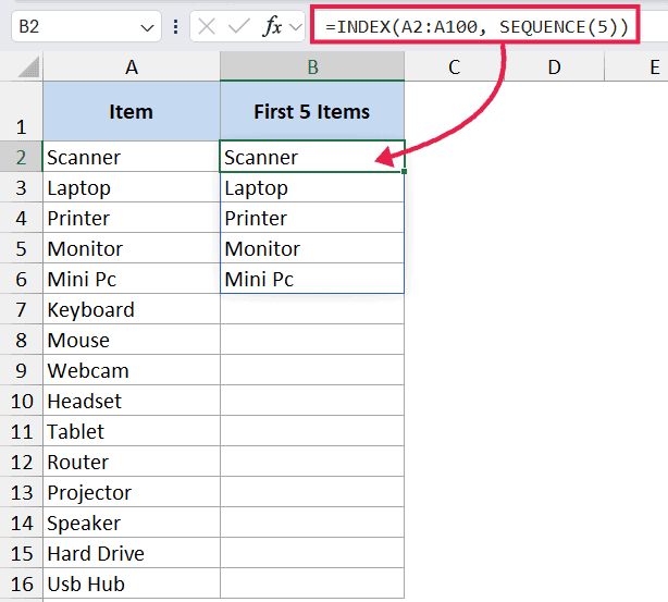 Sequence formula example 6 showing INDEX and SEQUENCE functions in Excel to extract the first 5 items from a list
