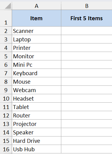 Sequence function example dataset 6 showing an Excel table with a list of items in column A and an empty column B