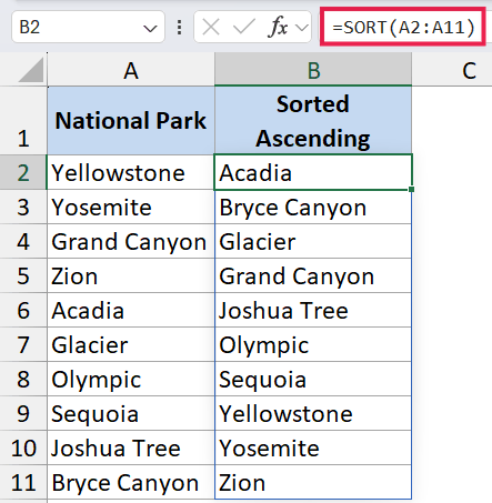 Excel formula bar showing =SORT(A2:A11) to sort a list of national parks in column B in ascending alphabetical order