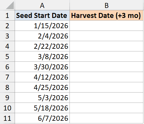 Excel table with Seed Start Date in column A and empty Harvest Date cells in column B for EDATE calculation