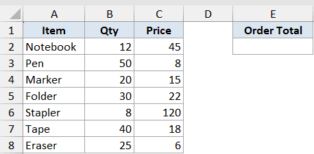 Sum Function Dataset Example 5: Excel table with Item, Qty, and Price columns for office supplies and an Order Total cell