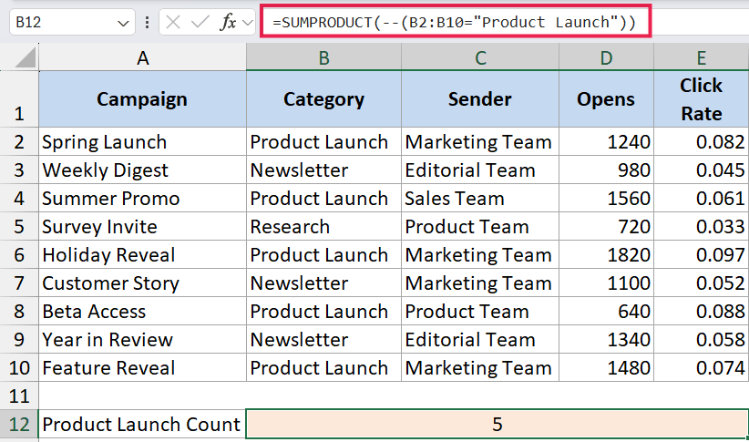 Excel formula bar showing SUMPRODUCT counting Product Launch entries in range B2:B10 with result 5 in cell B12