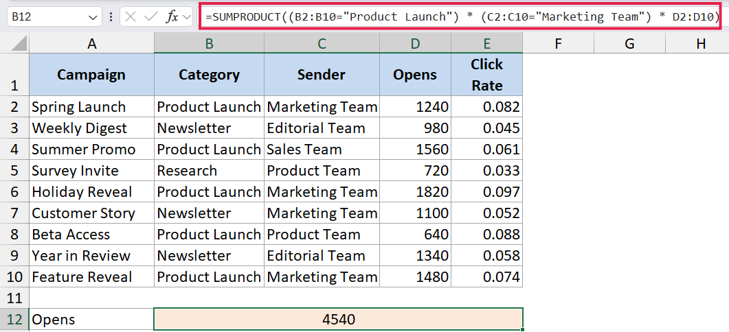 Excel formula bar showing SUMPRODUCT with two criteria to sum opens for Product Launch by Marketing Team