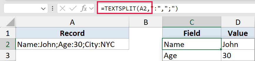 Excel formula bar showing =TEXTSPLIT(A2,":",";") used to split a text record into Field and Value columns